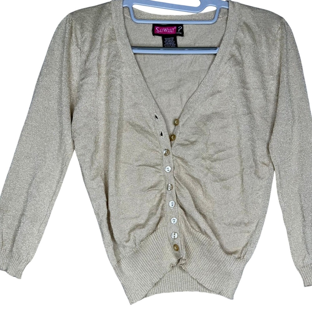 Y2K Vintage Say What? Gold Metallic Knit Button Cardigan Sweater Size M